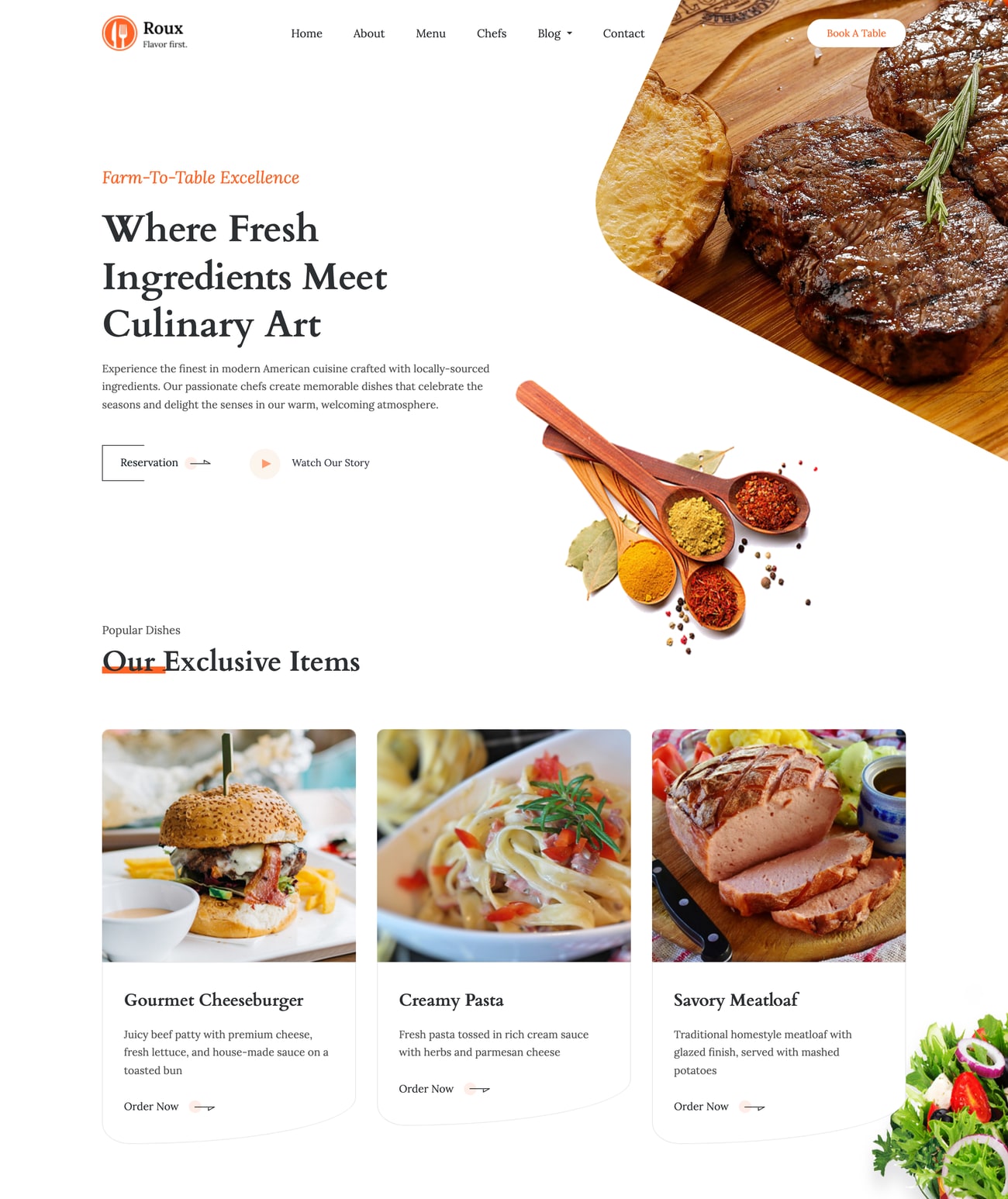 Roux farm-to-table restaurant website